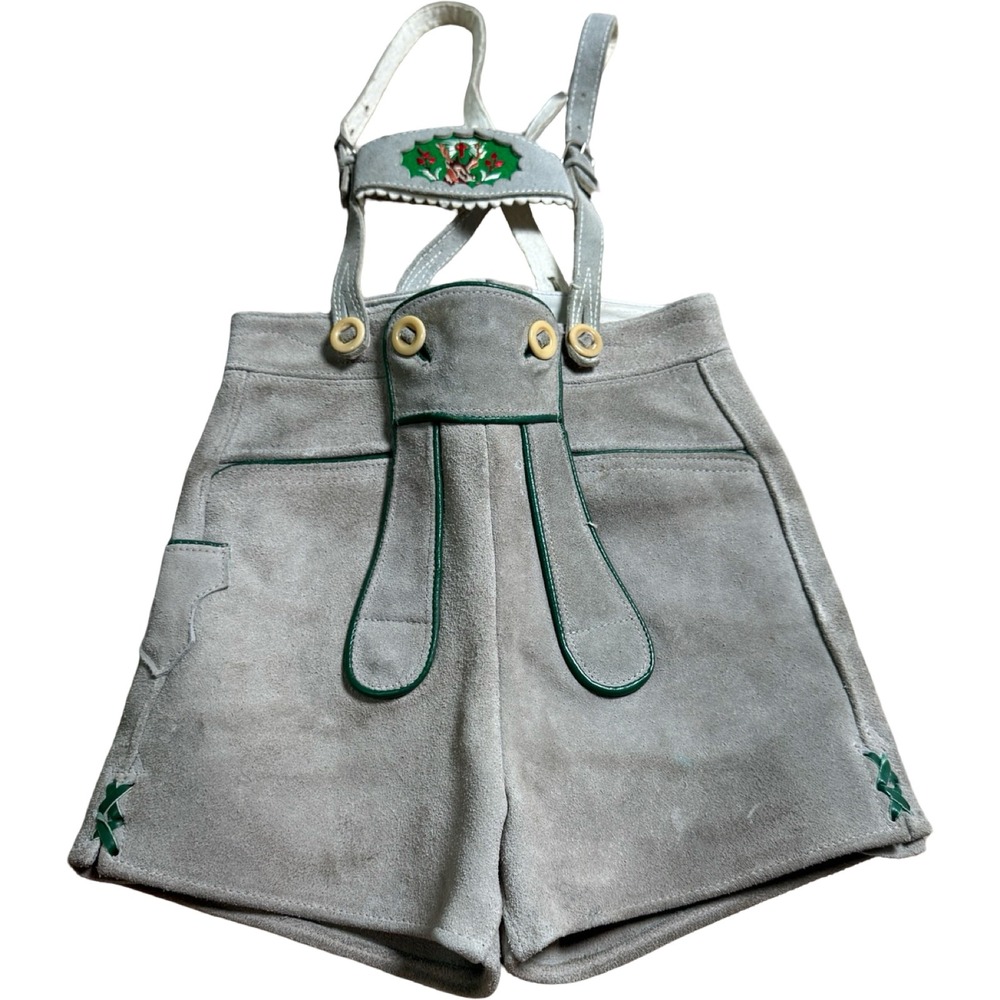 Vintage German Lederhosen Youth 5 Gray Suede Leather Embroidered Oktoberfest
